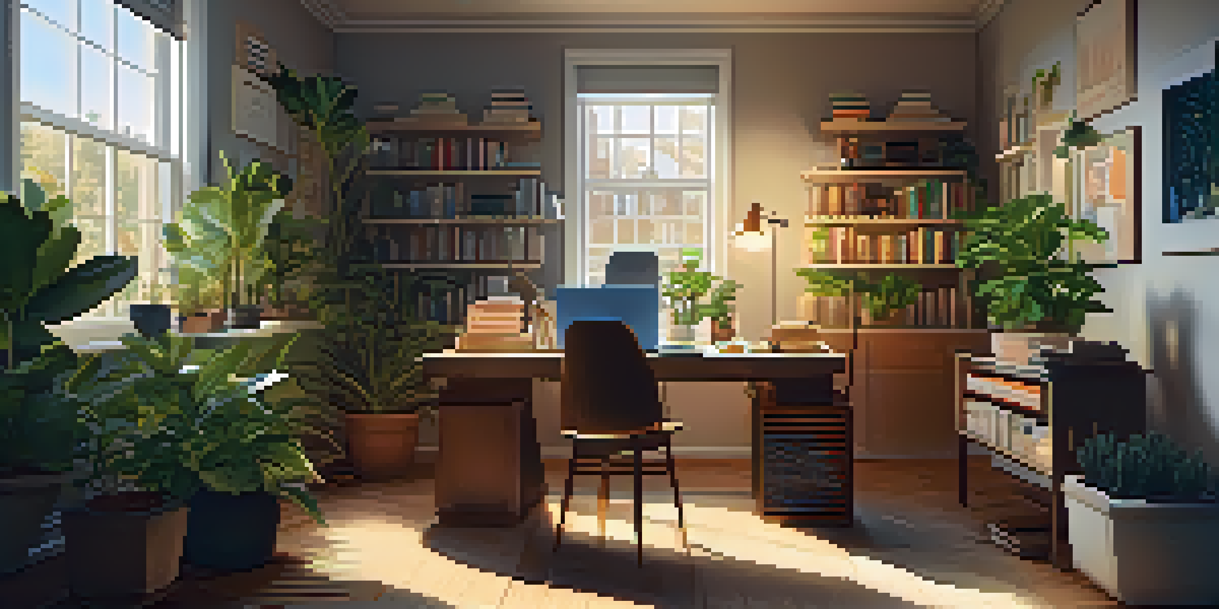A person working in a warm and inviting home office filled with plants and books, with sunlight streaming through the window.