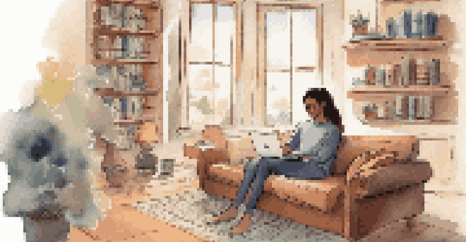 A person on a couch with a laptop and notes, participating in an online learning session in a cozy room.