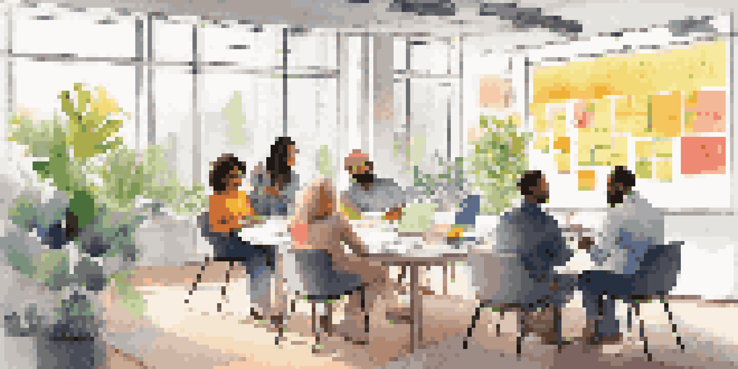 A diverse group of professionals collaborating in a bright office space, surrounded by colorful sticky notes on a whiteboard.