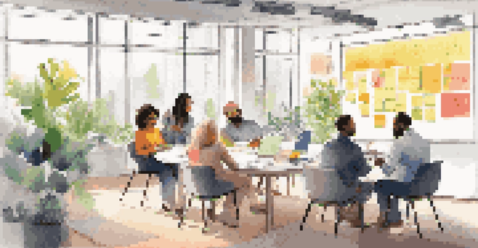 A diverse group of professionals collaborating in a bright office space, surrounded by colorful sticky notes on a whiteboard.