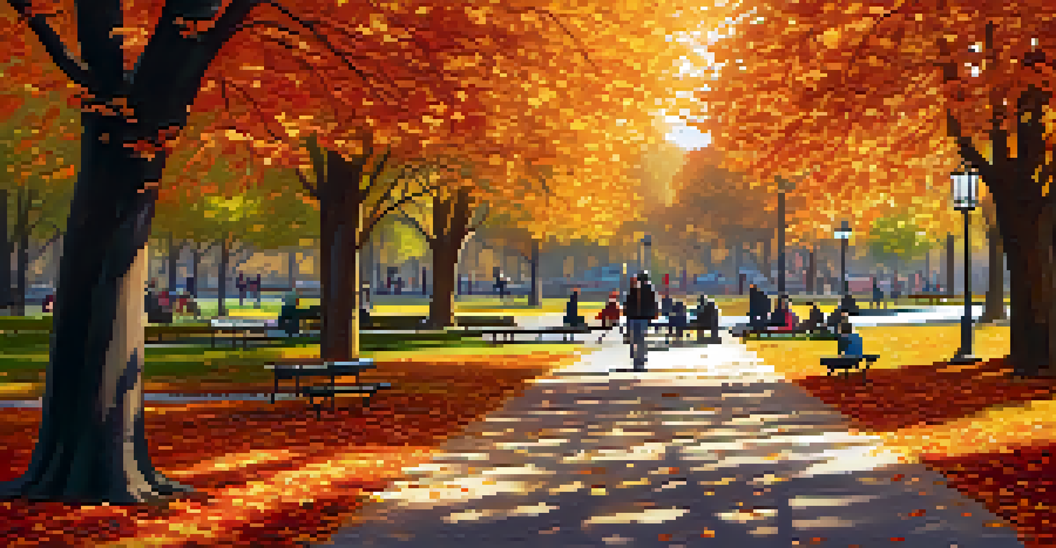 A picturesque autumn park scene filled with people enjoying nature, surrounded by colorful leaves and a tranquil pond.