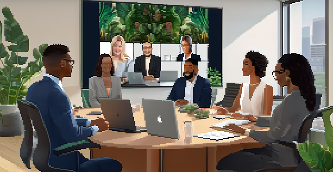 A virtual meeting with diverse participants on a large screen, highlighting inclusivity in a professional setting.