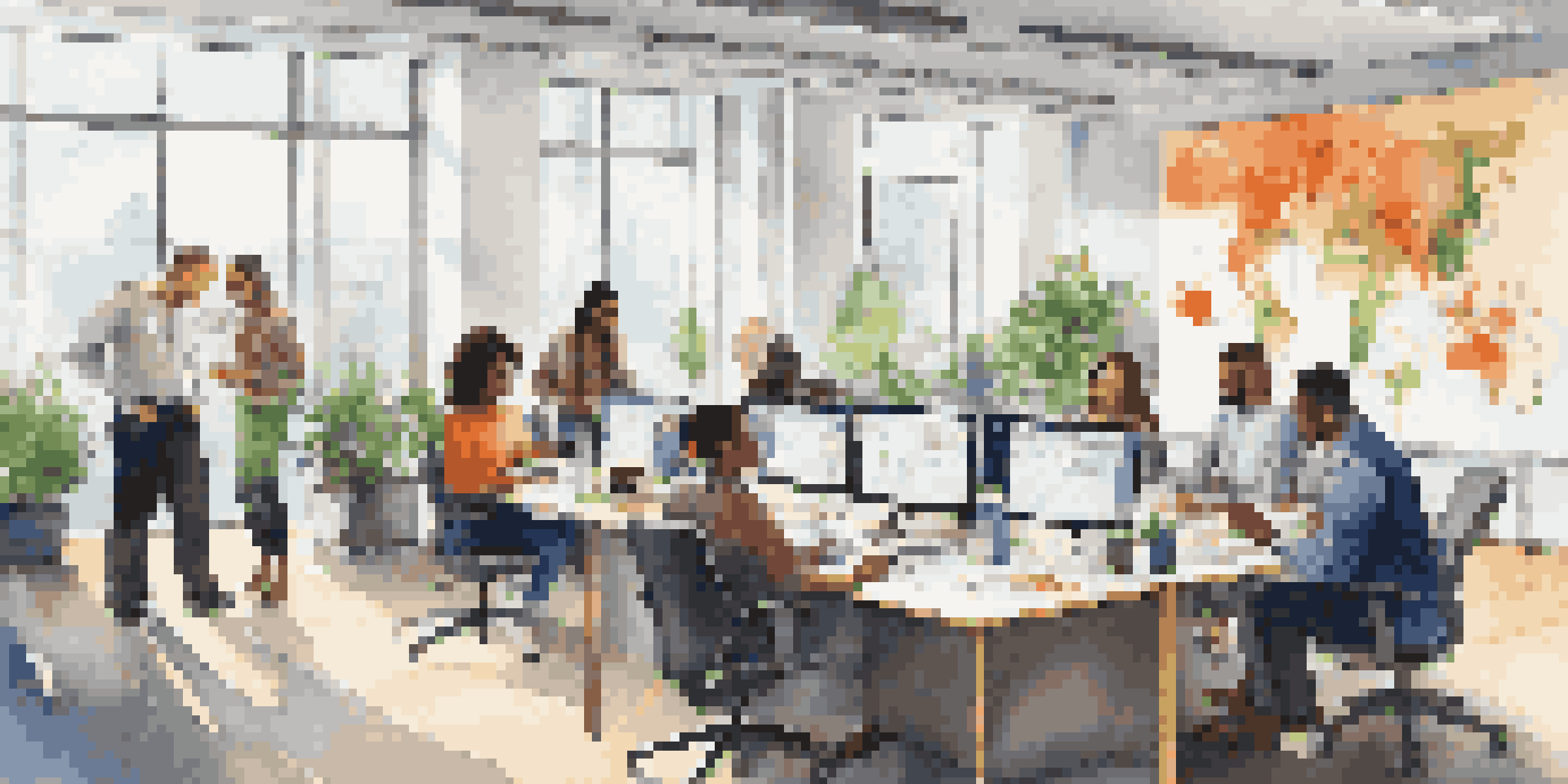 A diverse group of employees collaborating in a bright office with large windows and plants, showcasing teamwork and creativity.