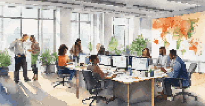 A diverse group of employees collaborating in a bright office with large windows and plants, showcasing teamwork and creativity.