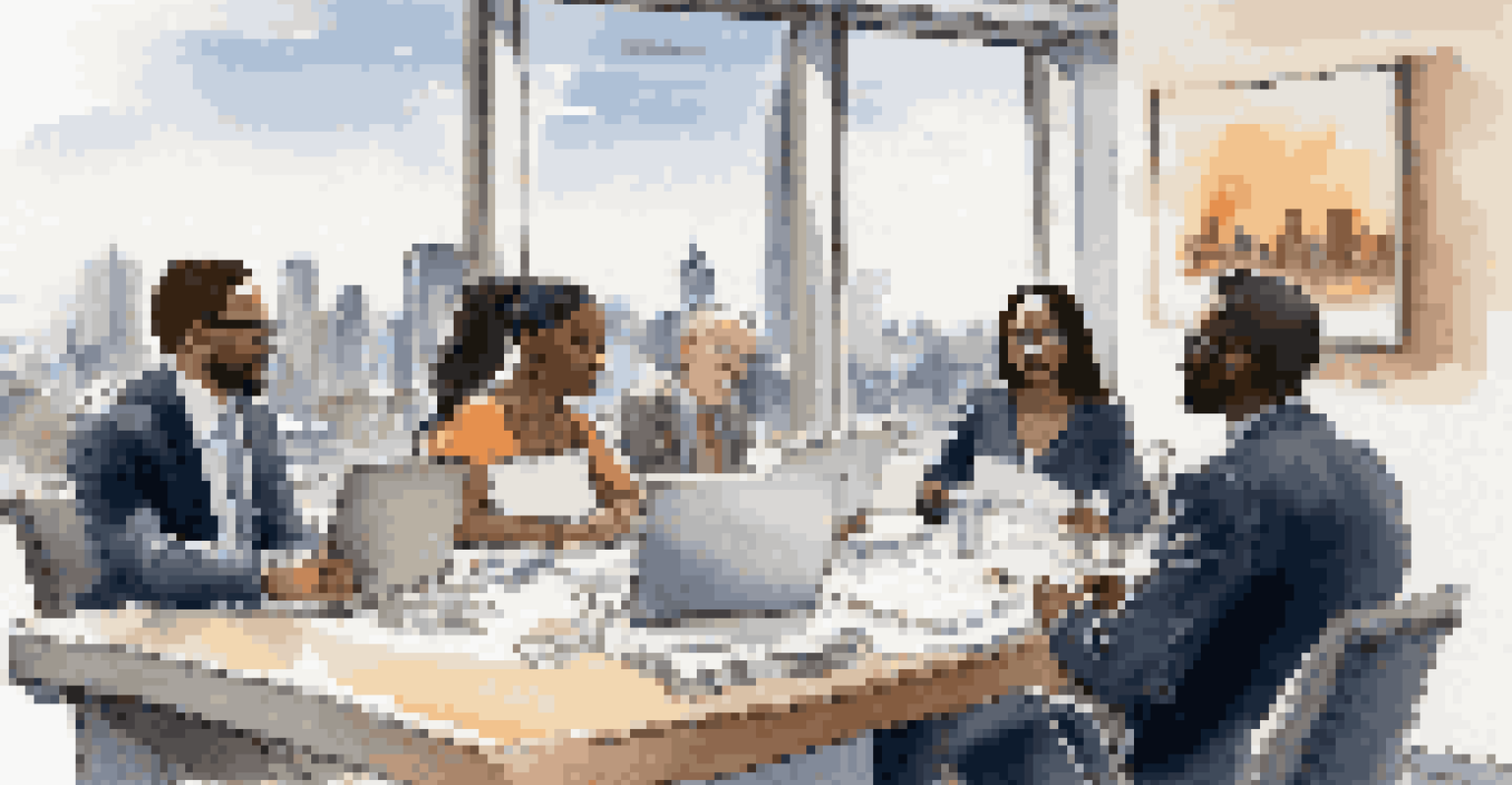 A diverse group of professionals collaborating around a conference table with laptops and a city view outside.