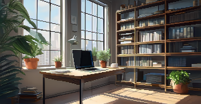 A modern workspace with a laptop displaying data analytics software, bookshelves, and a potted plant illuminated by morning sunlight.