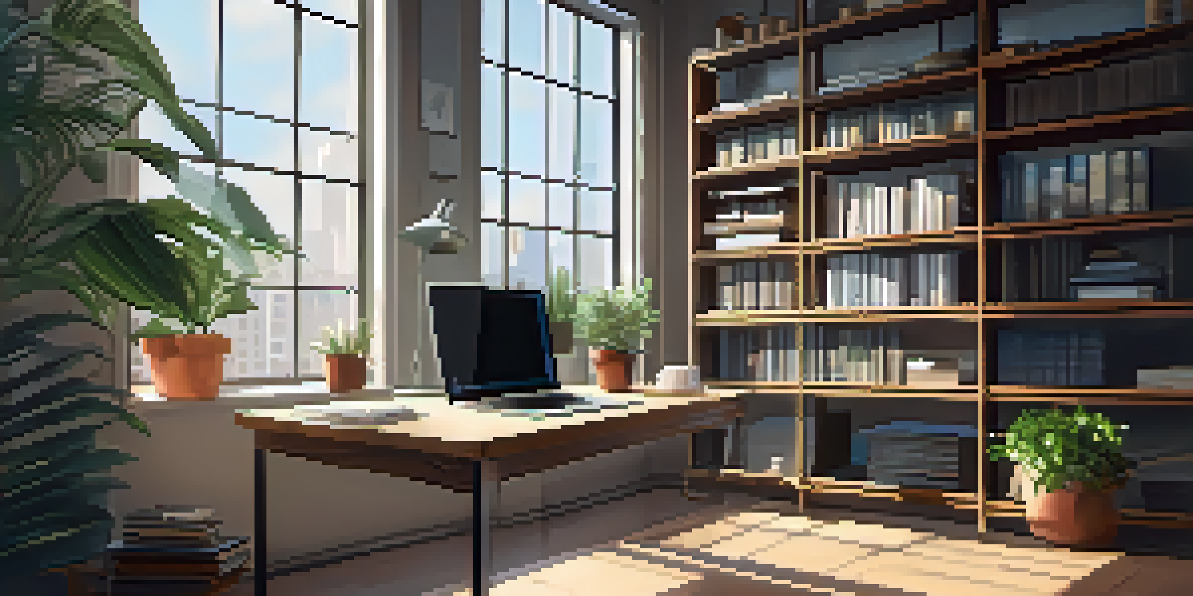 A modern workspace with a laptop displaying data analytics software, bookshelves, and a potted plant illuminated by morning sunlight.