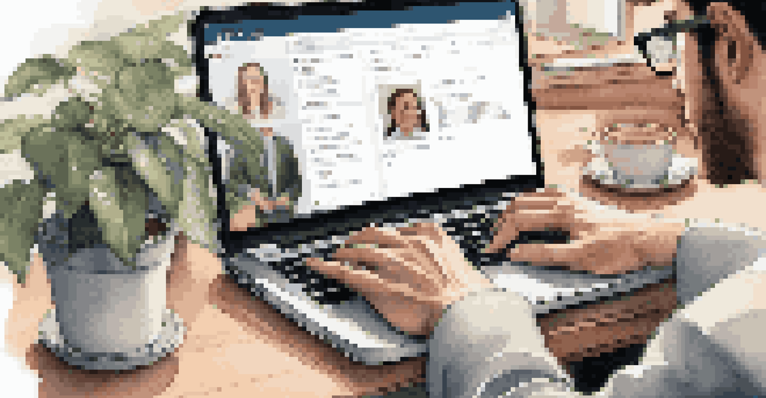 A close-up of hands typing on a laptop displaying a LinkedIn profile, with a neat workspace illuminated by soft natural light.