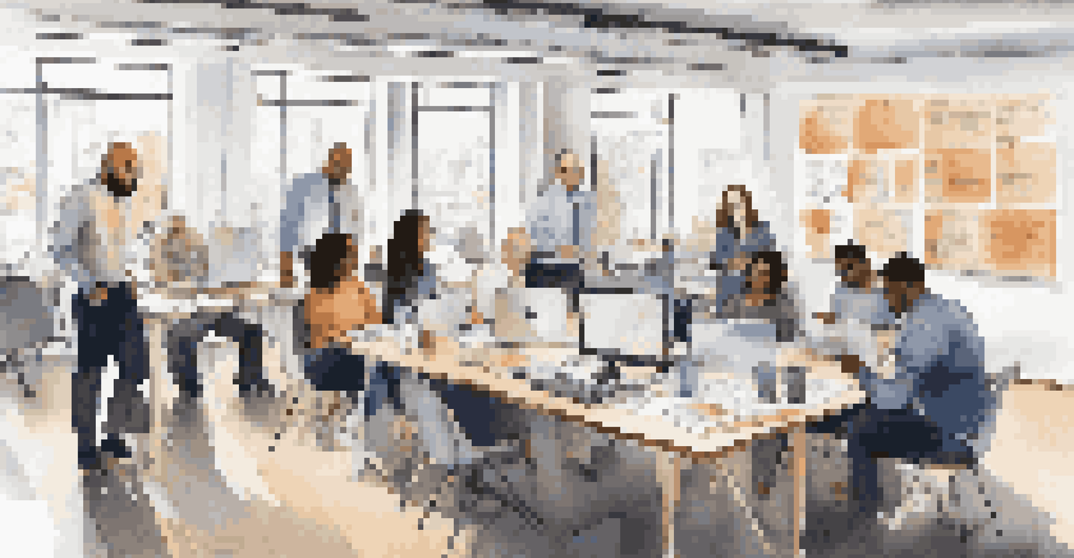 A diverse group of professionals collaborating in a bright office workshop.