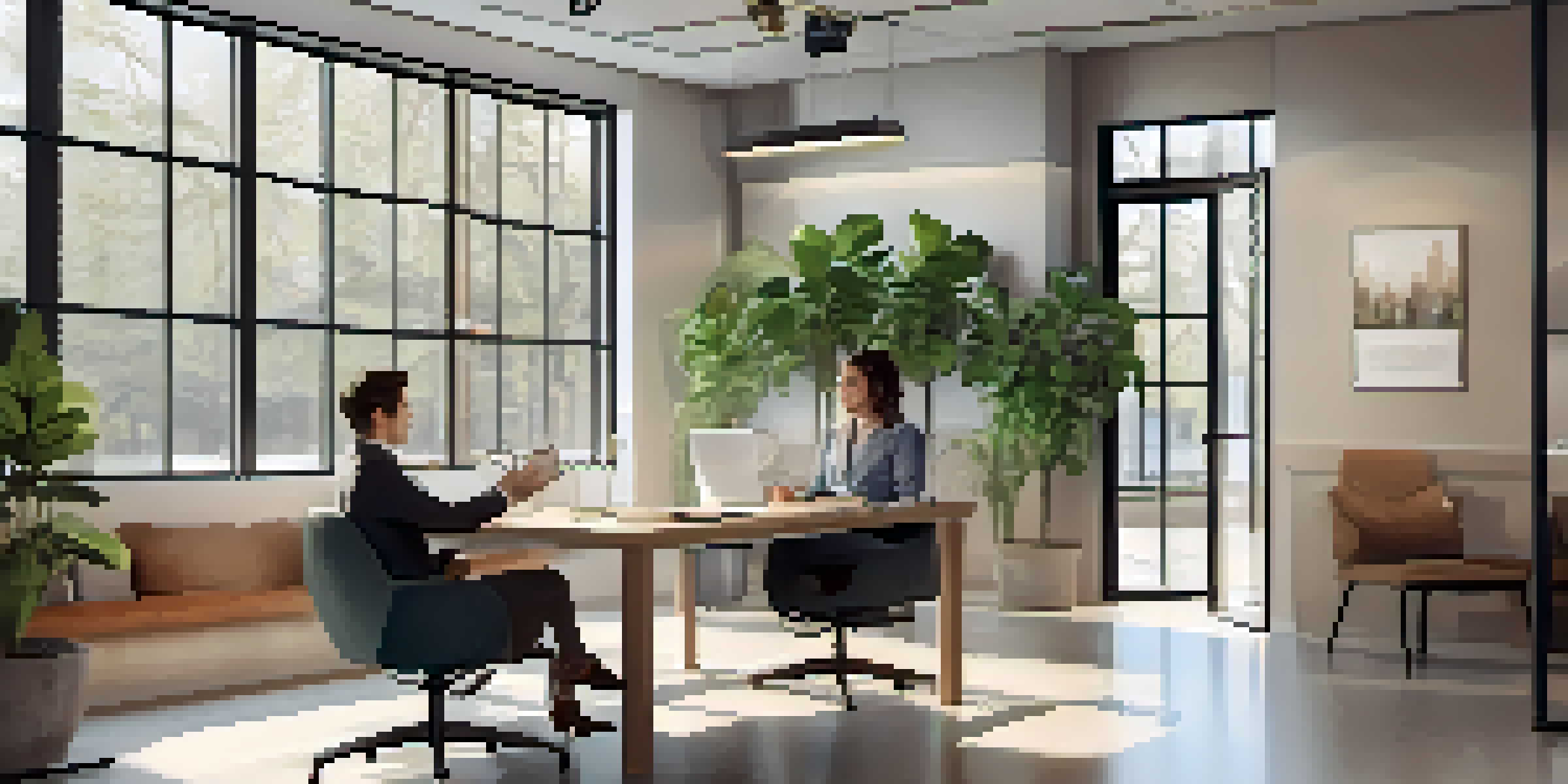 A career coach and client in a bright office, discussing goals with motivational quotes on the walls.