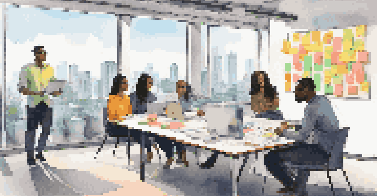 A diverse group of interns discussing ideas around a conference table with a laptop in a modern office setting.