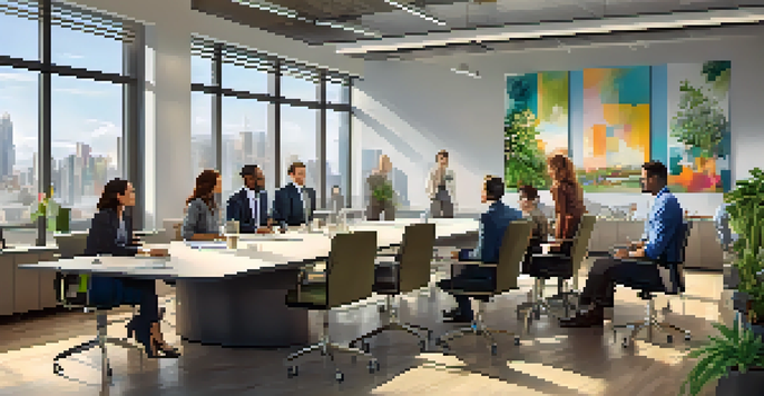 A bright and modern office space with a diverse group of professionals discussing around a conference table, surrounded by plants and artwork.