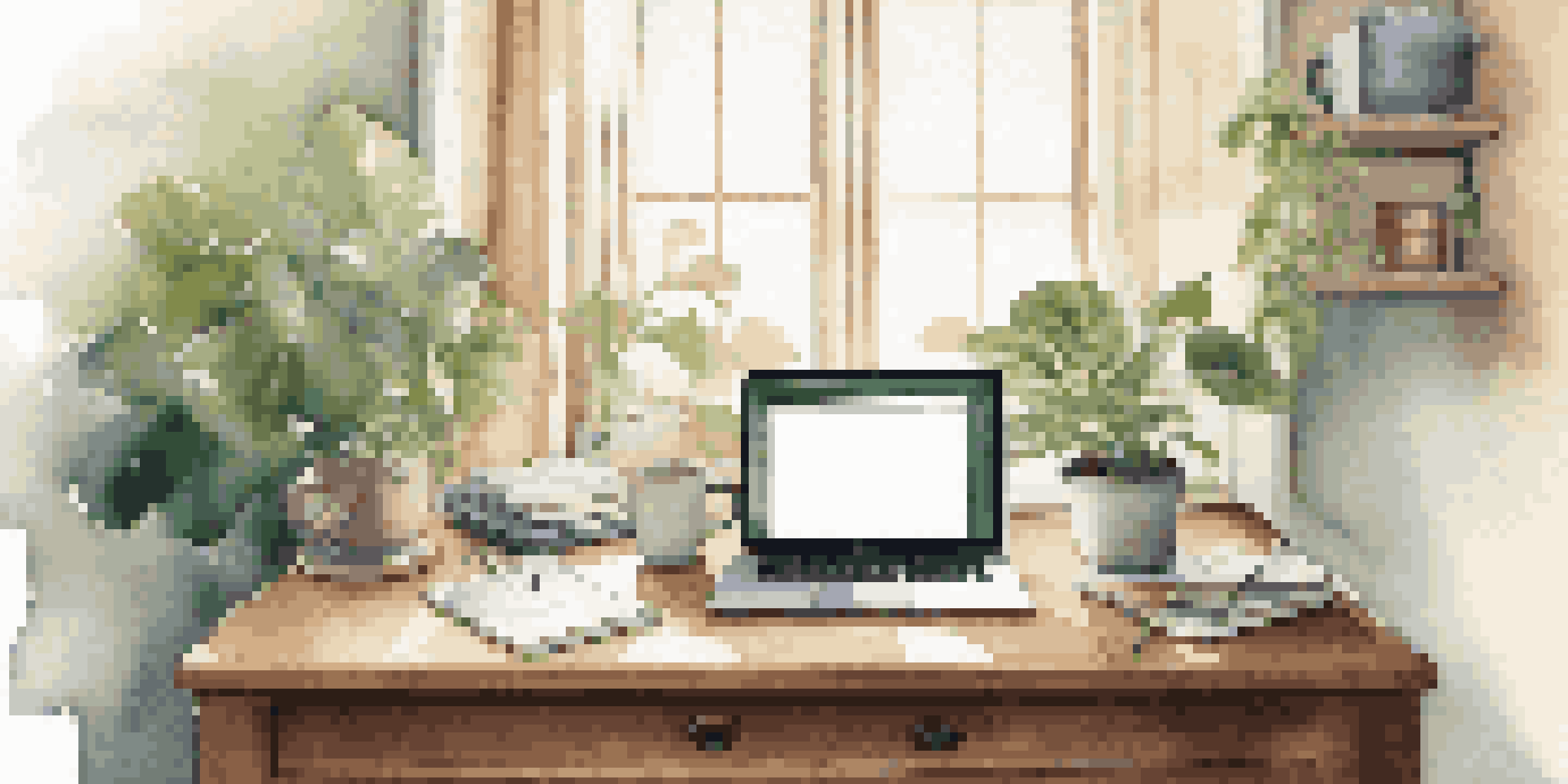 A peaceful workspace with a wooden desk, a laptop, a planner, and a cup of coffee, illuminated by soft sunlight.