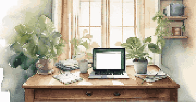 A peaceful workspace with a wooden desk, a laptop, a planner, and a cup of coffee, illuminated by soft sunlight.