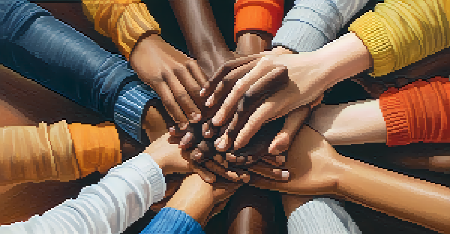 Close-up of diverse hands joining together in unity, with a softly blurred background.