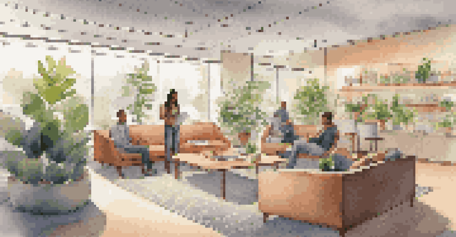 A cozy community space in an office with comfortable seating, a coffee table, and employees engaged in casual conversations surrounded by plants and warm lighting.
