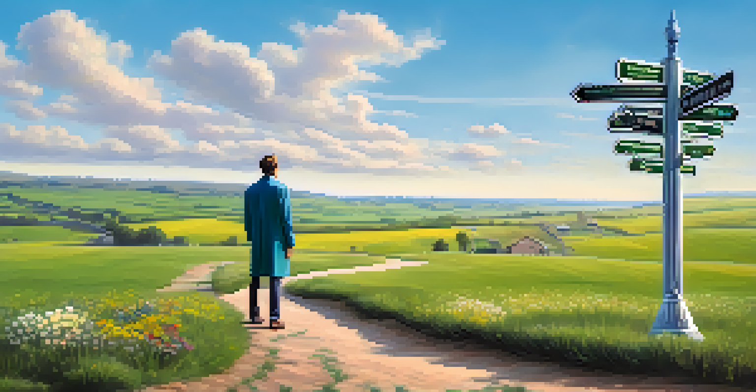 A person at a crossroads signpost with paths labeled with career options, surrounded by a vibrant landscape.
