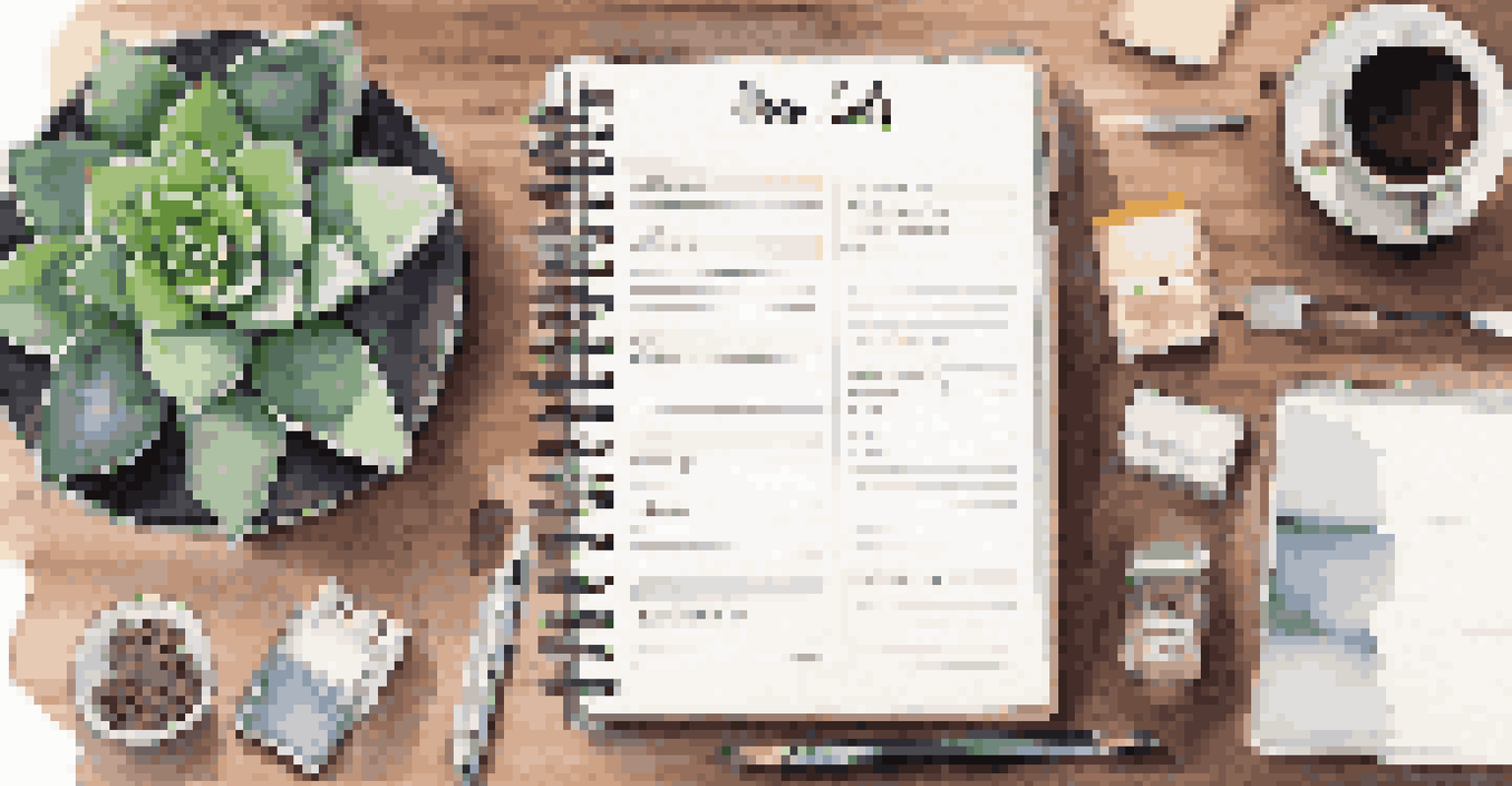 An open planner on a table with coffee and stationery, highlighting organized goals and time management.