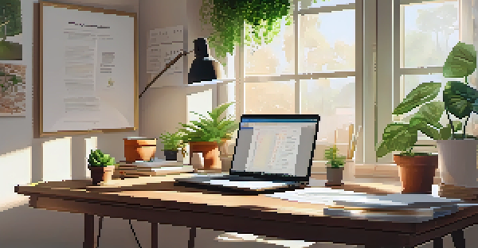 A calm and inspiring workspace featuring a laptop, notes, and plants, illuminated by sunlight.