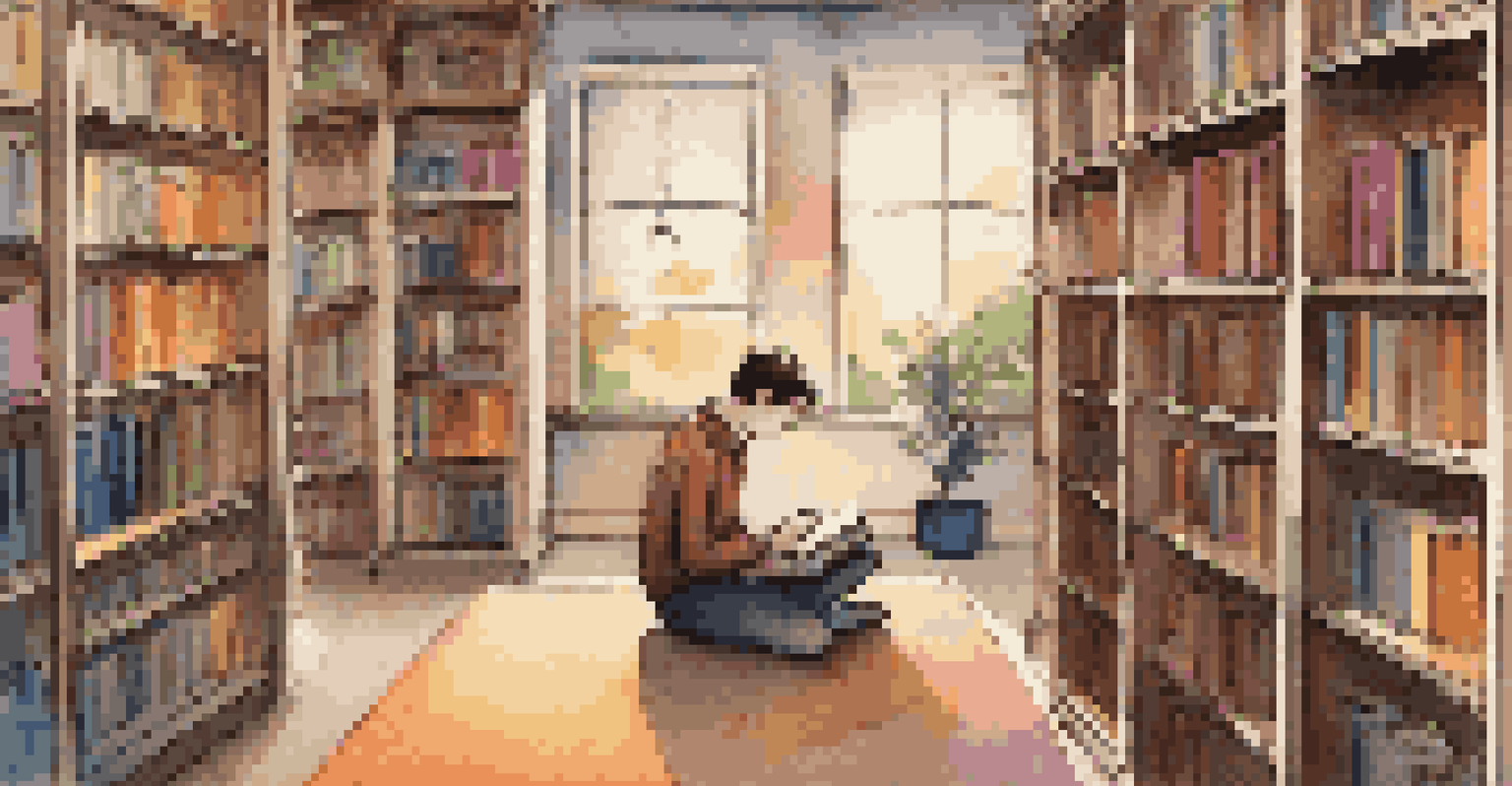 A young adult in a quiet library corner, preparing their introduction with a notebook and pen, surrounded by colorful books on shelves.