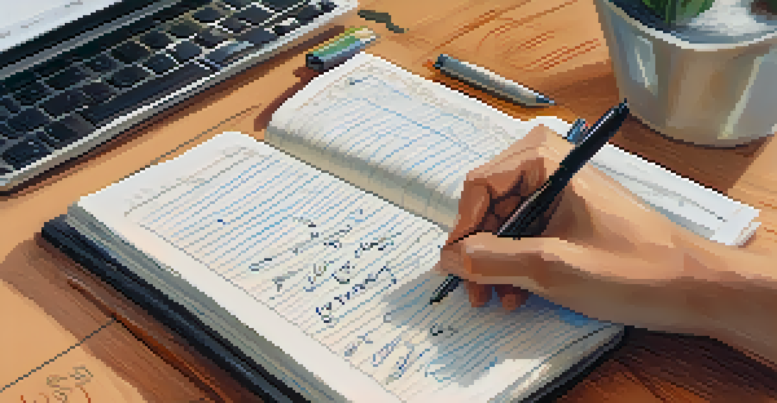 A close-up of a hand writing in a feedback journal, surrounded by a cozy workspace with a coffee cup and a plant.