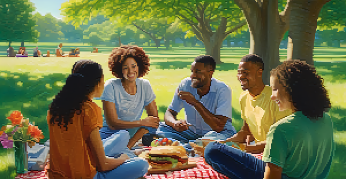 A diverse group of people sitting on a picnic blanket in a park, discussing and sharing ideas, surrounded by nature.