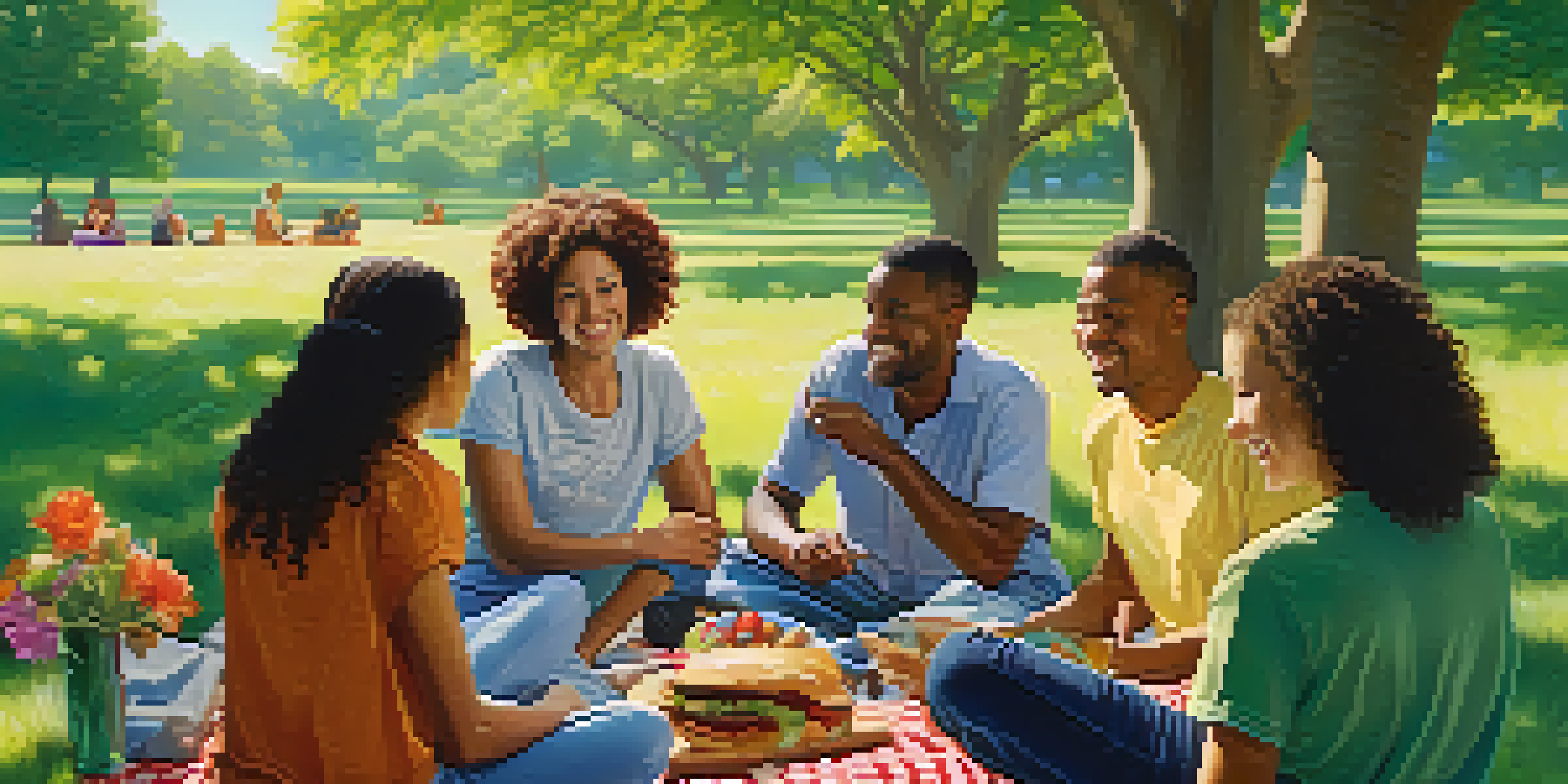 A diverse group of people sitting on a picnic blanket in a park, discussing and sharing ideas, surrounded by nature.