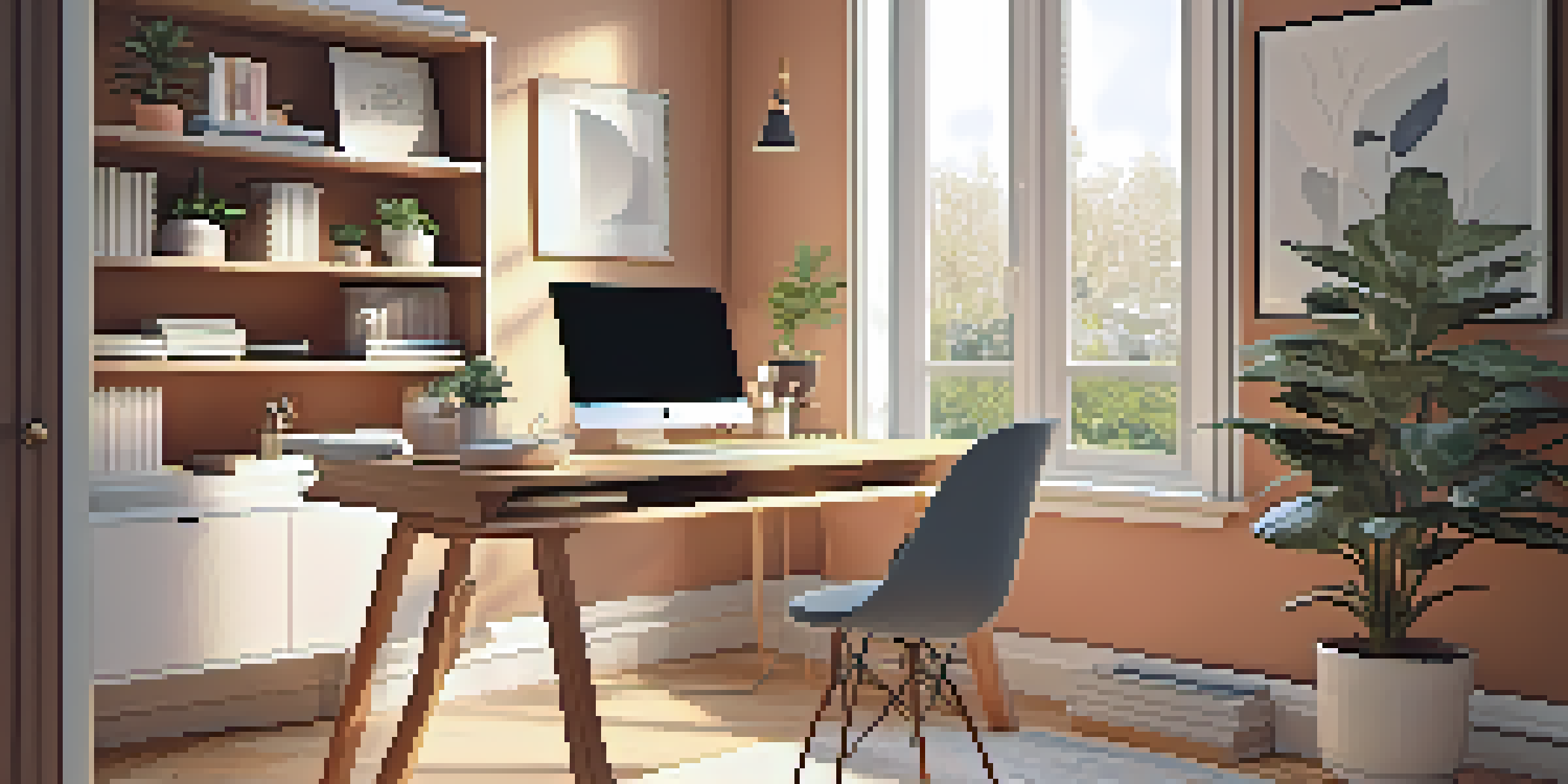 A modern home office with a desk and laptop, illuminated by sunlight, featuring a plant and bookshelf.