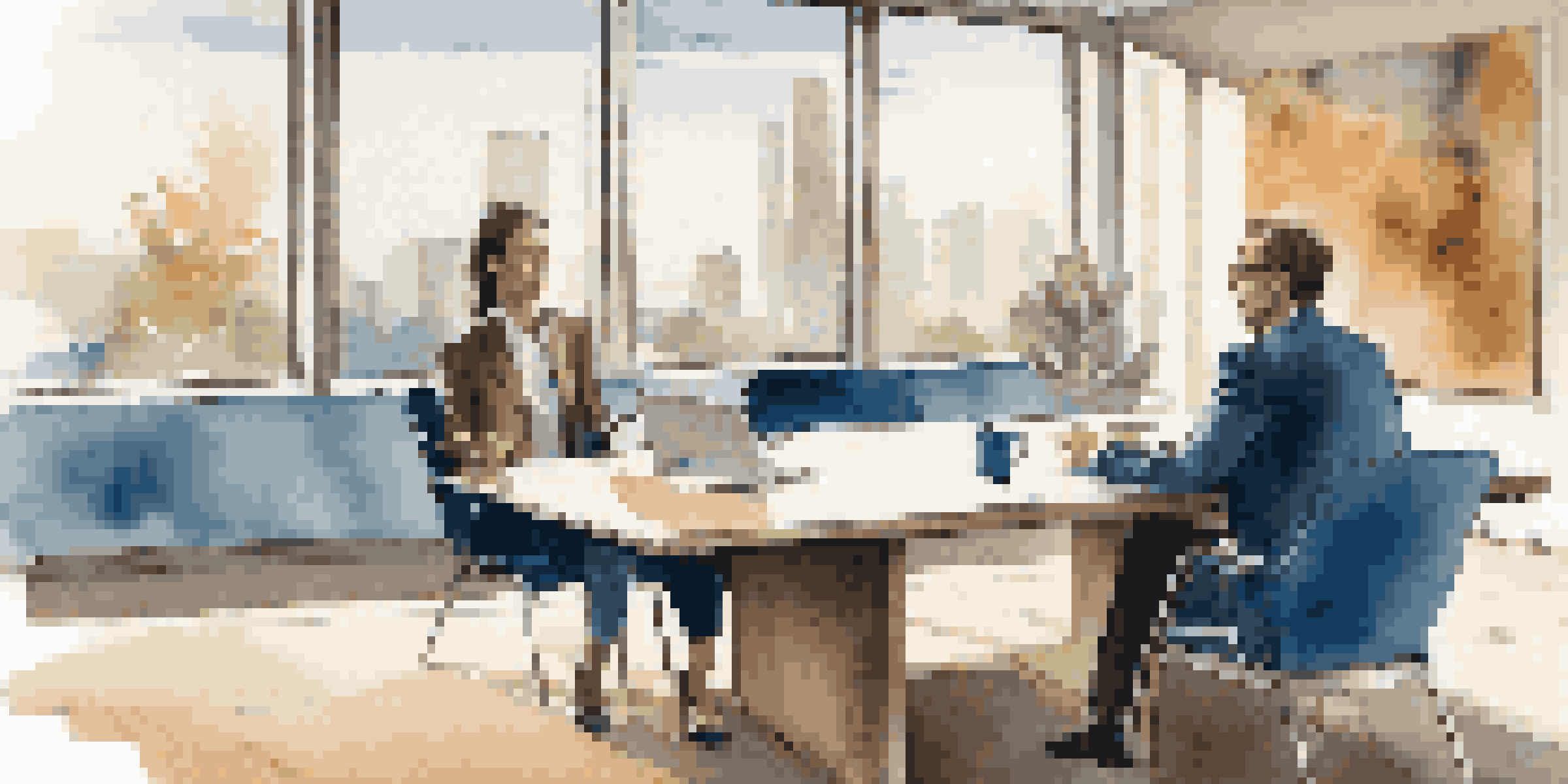 A business meeting with two people negotiating, one seated at a table with a laptop and the other standing, in a bright conference room.