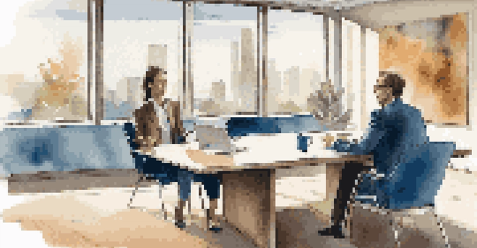 A business meeting with two people negotiating, one seated at a table with a laptop and the other standing, in a bright conference room.