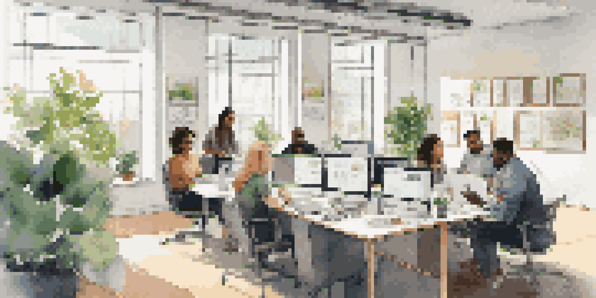 A diverse team of professionals working together in a bright modern office space, collaborating around a table with laptops and notepads.