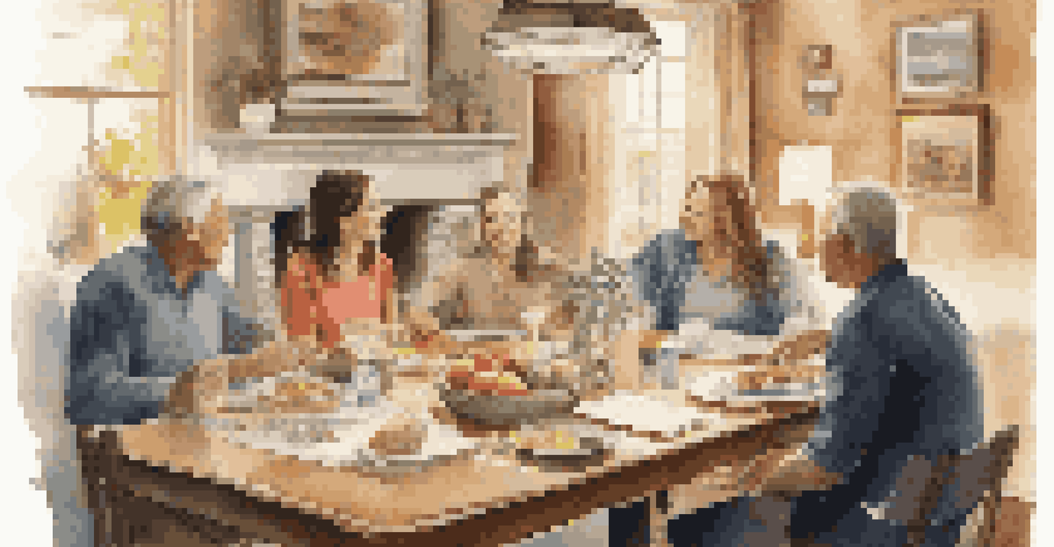A family discussing estate planning around a dining table with documents in front, surrounded by personal items.