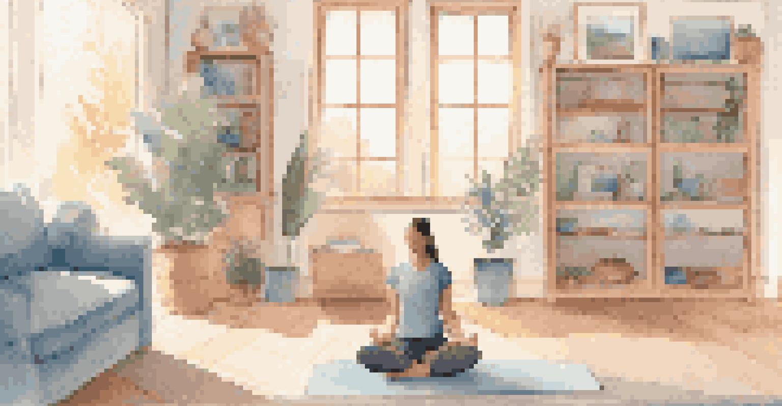 A person practicing yoga in a cozy living room with cushions, a mat, and natural light, surrounded by a peaceful color scheme.