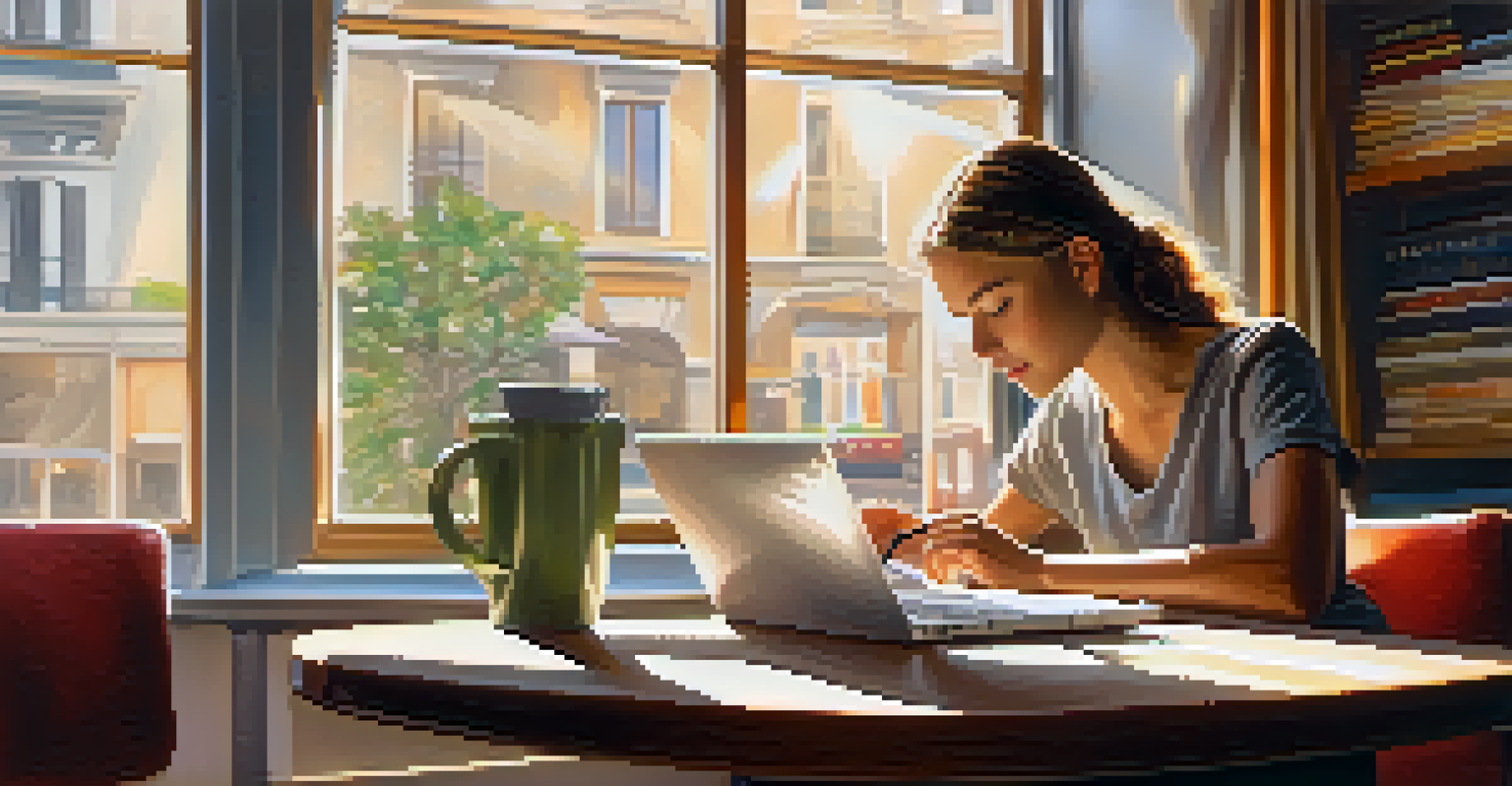 A young woman studying at a café with books and a laptop, illuminated by sunlight filtering through the window.