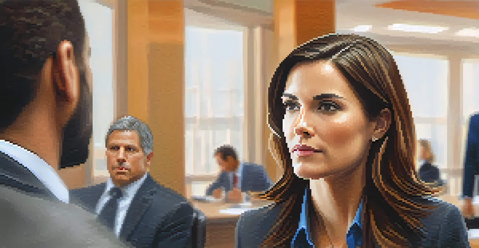 A businesswoman listening intently during a meeting, showcasing active listening skills and open body language in a warm office.