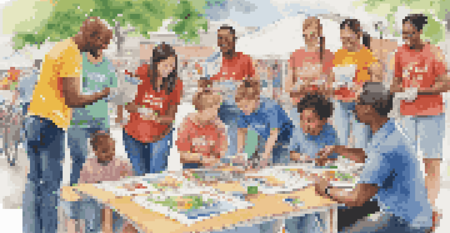 Professionals volunteering and teaching young students at a community event with colorful educational materials.