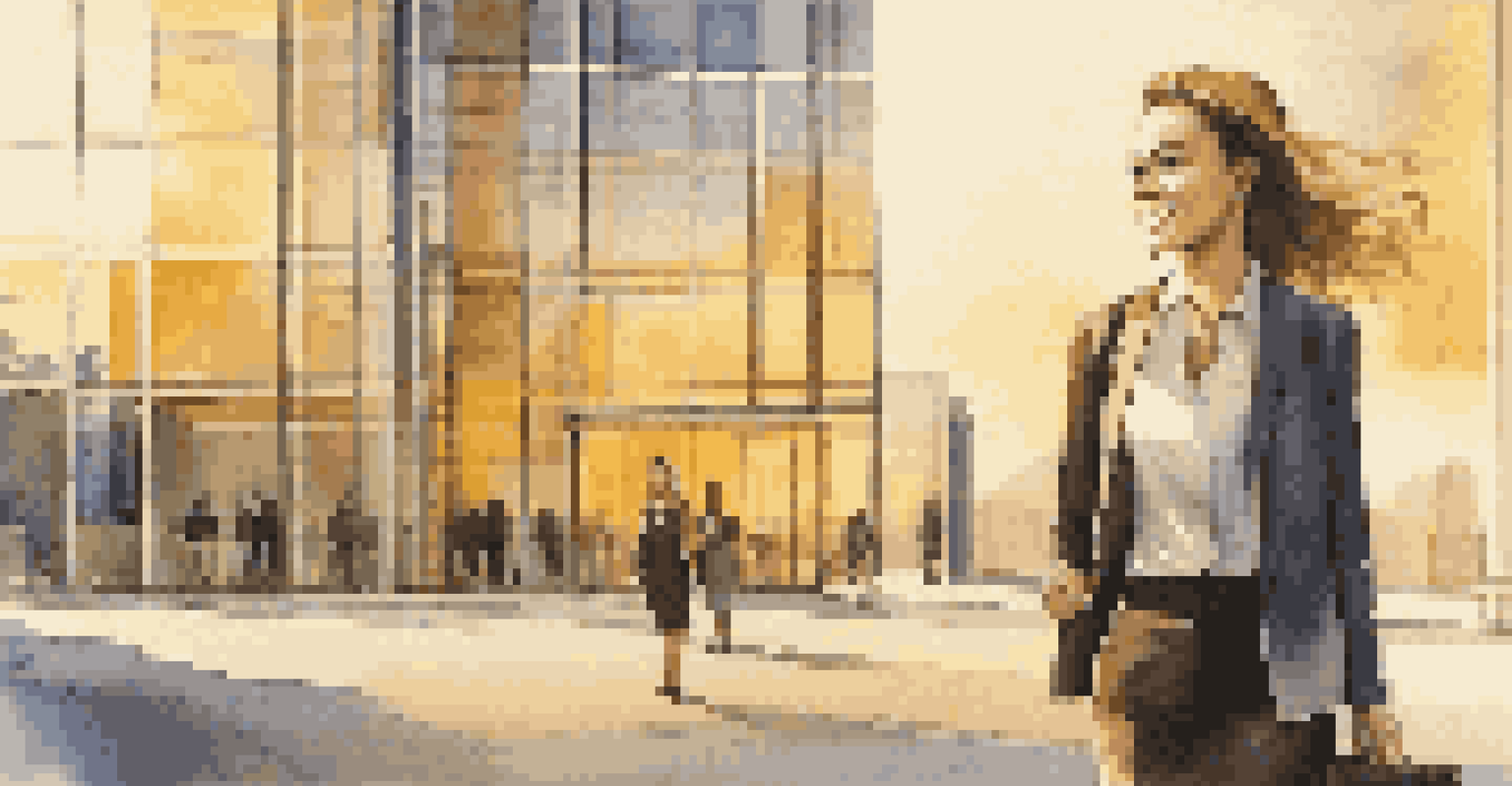 A confident young woman in business attire smiling in front of a modern office building during sunset.
