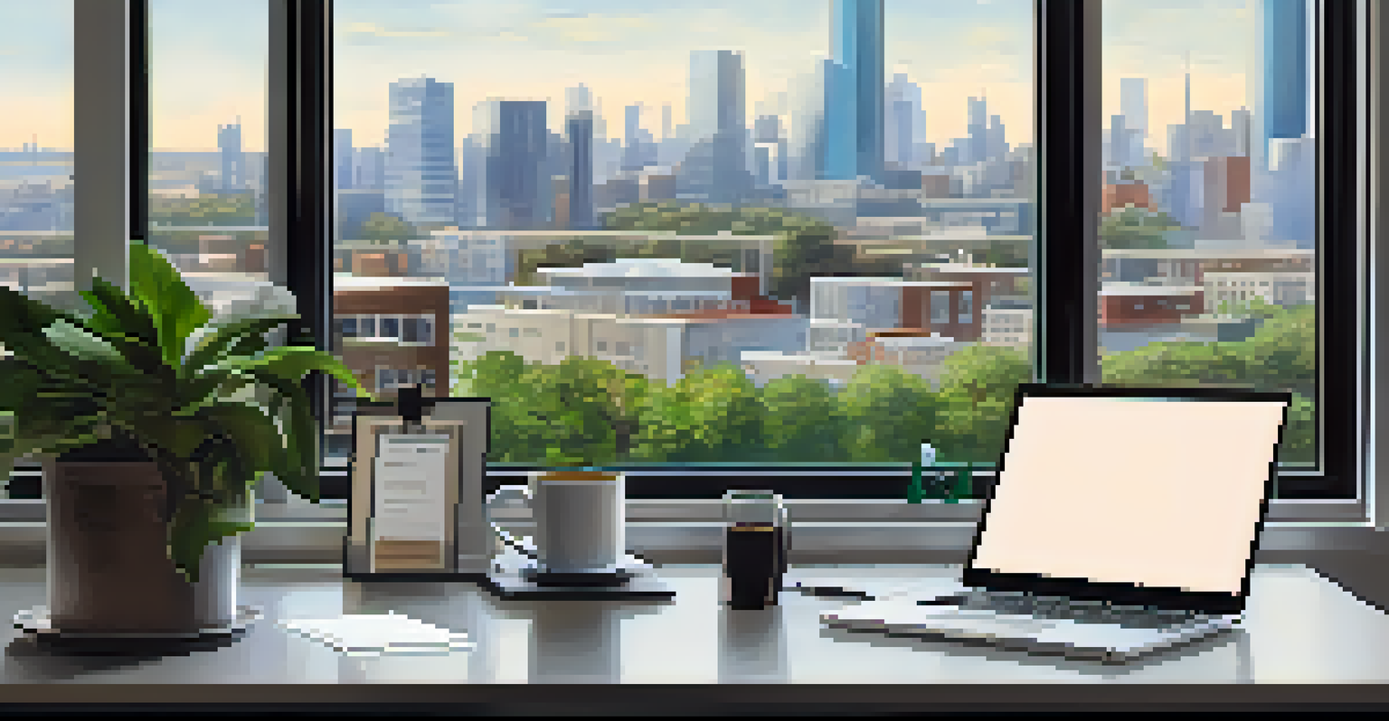 A professional networking on LinkedIn at a stylish desk with a city view, notes, and coffee.
