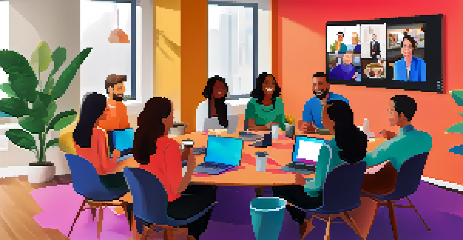 Remote employees participating in a virtual team-building activity, smiling and interacting on a large screen.