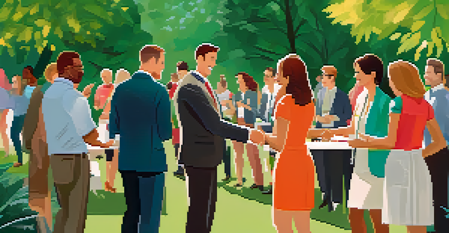 Professionals networking outdoors in a park, showcasing interactions and emotional intelligence.