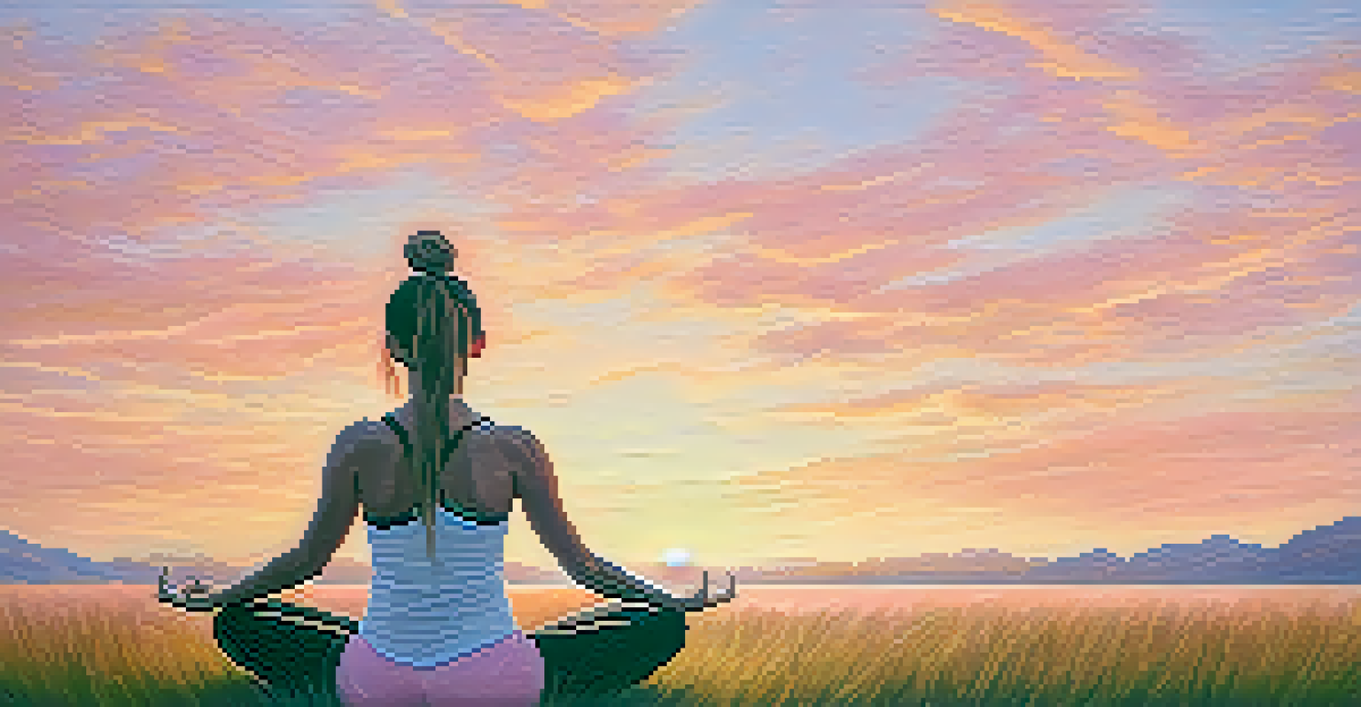 A person doing yoga on a grassy field at sunset, surrounded by beautiful nature.