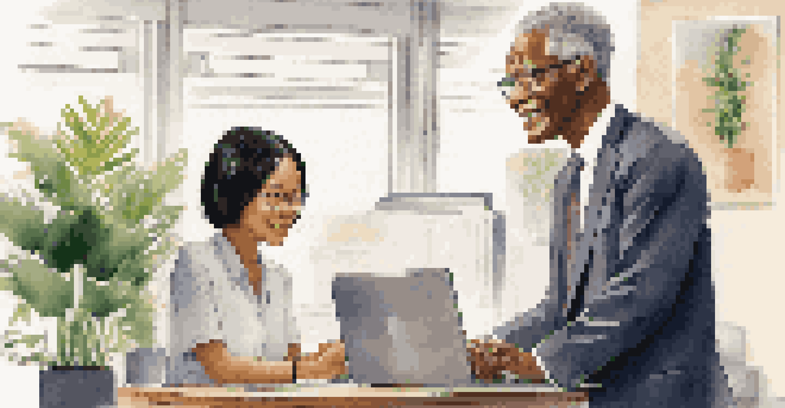 A senior Asian woman mentoring a young African man in a modern office, showcasing a supportive work relationship.