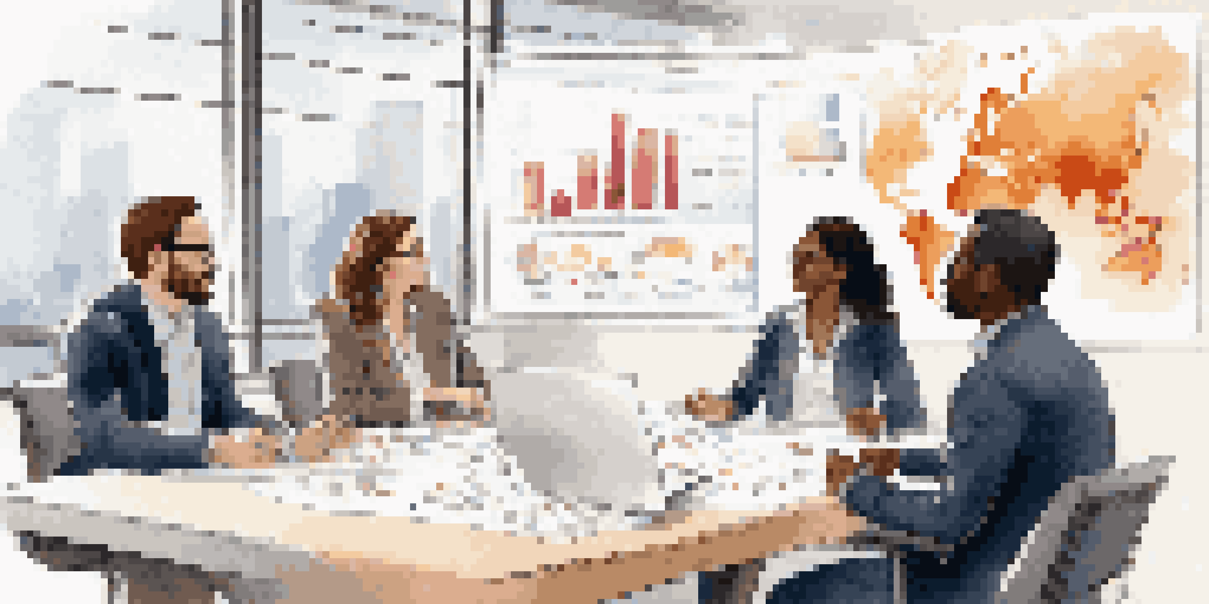 A diverse group of professionals having a discussion at a conference table with charts in the background, representing teamwork and collaboration.