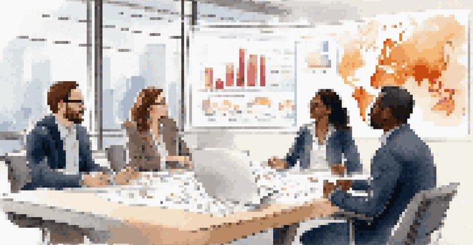 A diverse group of professionals having a discussion at a conference table with charts in the background, representing teamwork and collaboration.