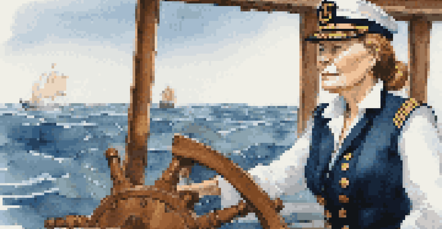 A ship's captain steering confidently through calm waters with crew members working together.