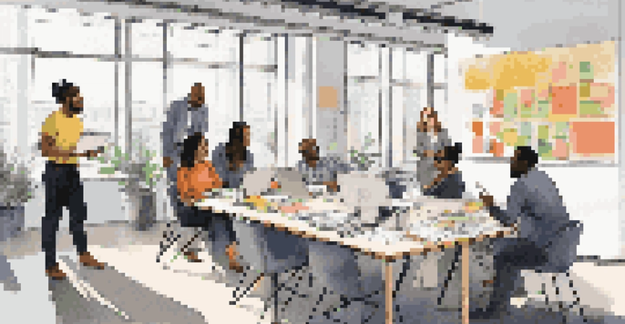 A diverse group of professionals brainstorming in a bright office, showcasing collaboration and creativity.