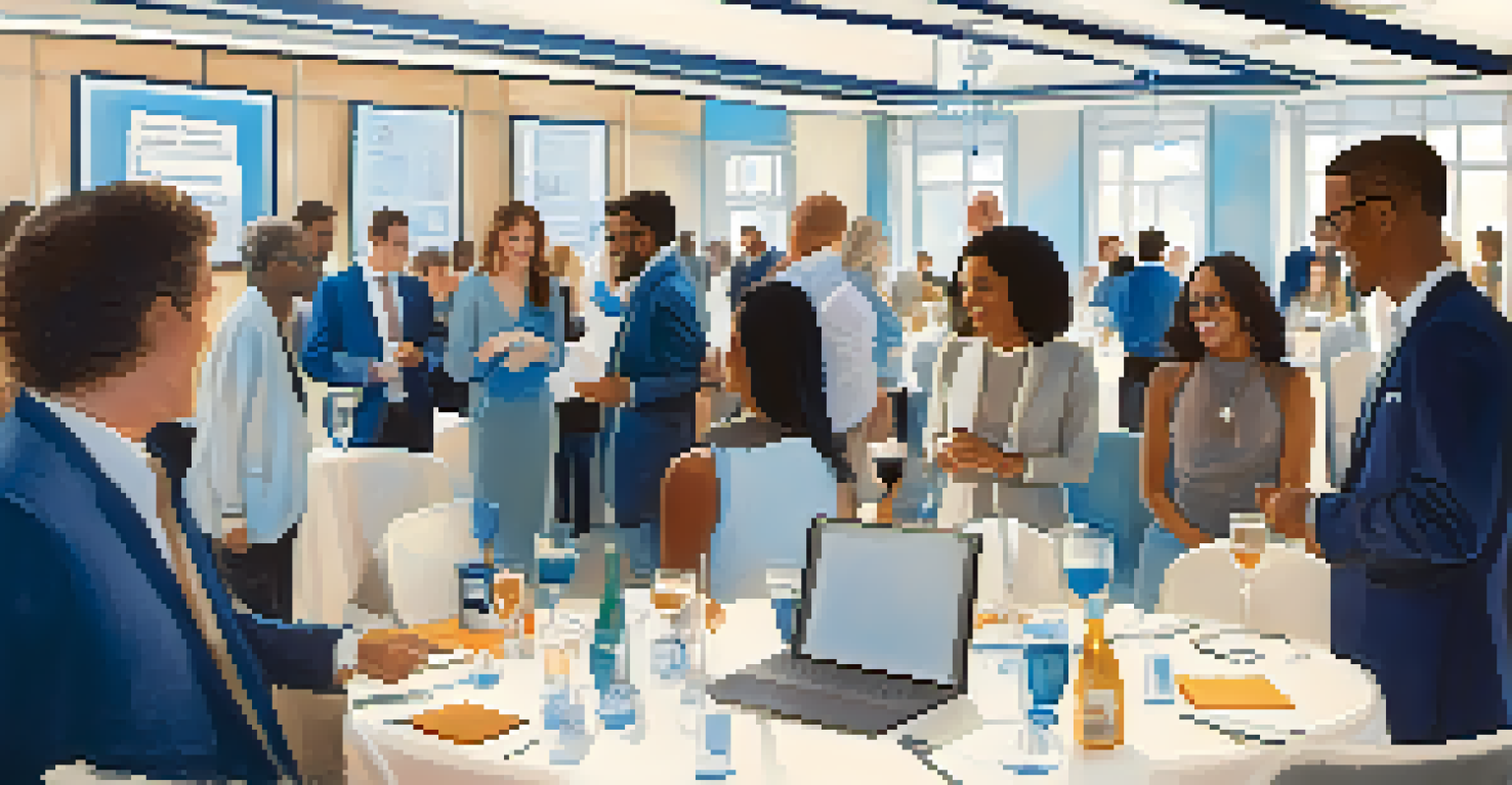 A networking event with diverse professionals engaging in conversation and exchanging business cards in a warmly lit room.