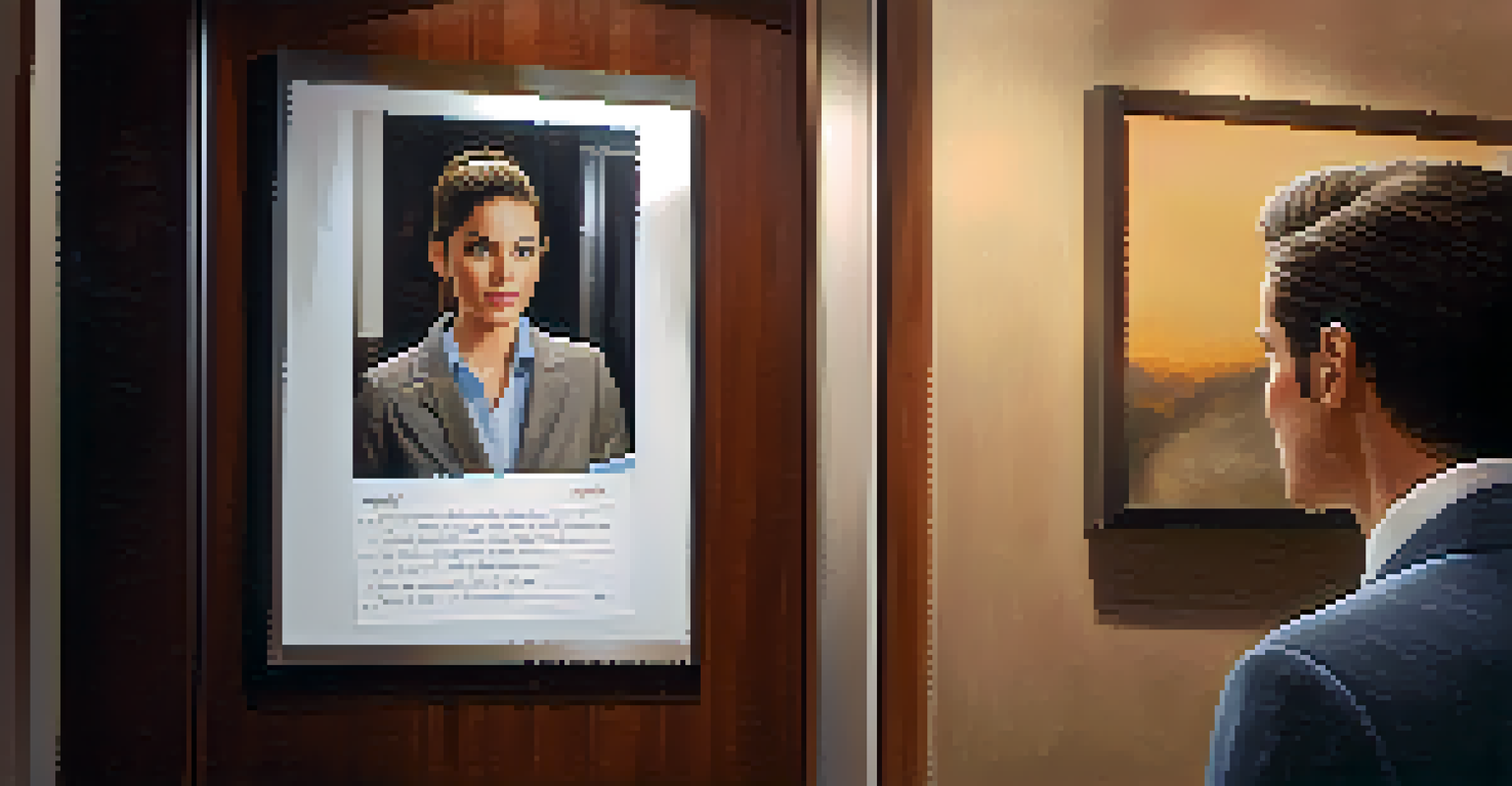 A person practicing their elevator pitch in front of a mirror, with a notepad in hand and a focused expression in a cozy office.