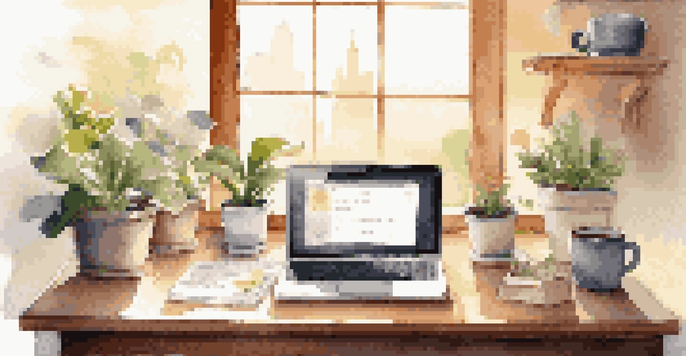 A bright workspace with a laptop, coffee cup, and potted plant, illuminated by sunlight.
