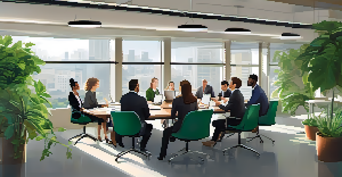 A diverse group of professionals collaborating in a bright office meeting room, surrounded by natural light and greenery.